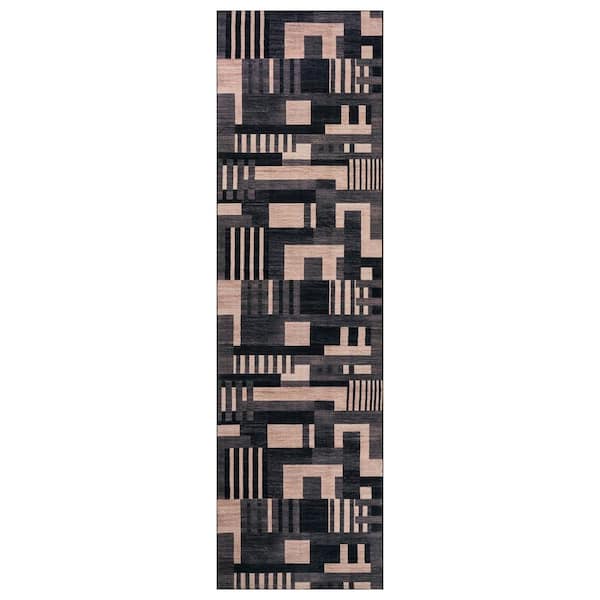 Color Block Black Machine Washable Non-Slip Backing Area Rug 2' x 12' Black