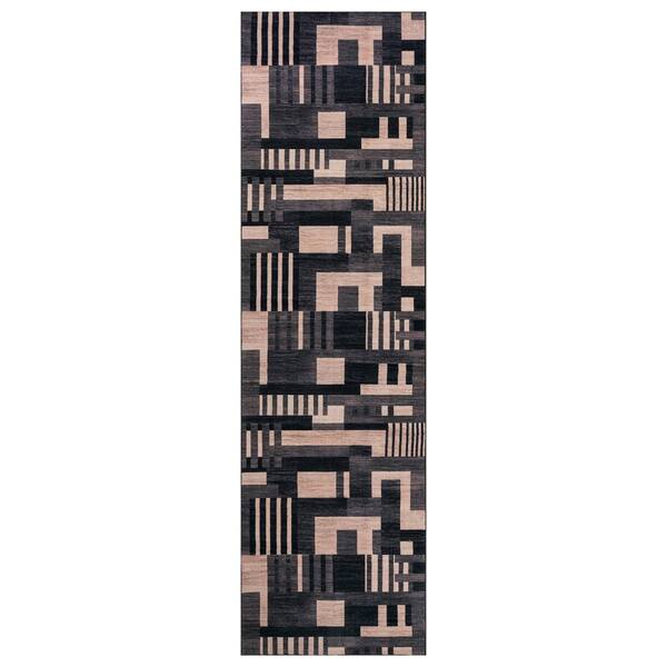 Color Block Black Machine Washable Non-Slip Backing Area Rug 2' x 6' Black