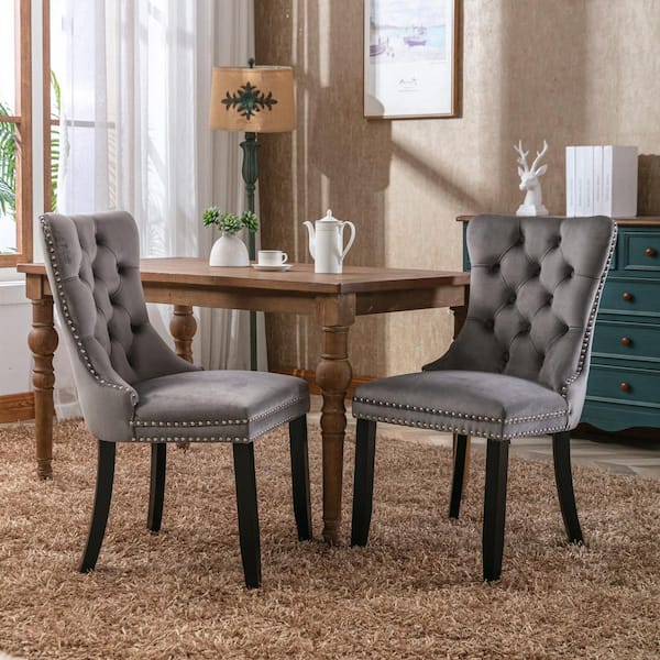 CSC DECOR INC Gray Modern Velvet Upholstered Dining Chair Tufted Nailhead Trim Side Chair with Wood Legs Set of 2