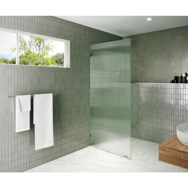36 in. W x 78 in. H Fixed Single Panel Frameless Shower Door in Polished Nickel with Fluted Frosted Glass