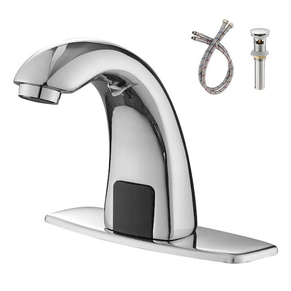 Automatic Sensor Touchless Single Hole Bathroom Sink Faucet with Deck Plate and Pop-Up Drain in Polished Chrome