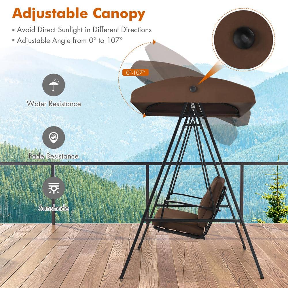 Brown Steel 3-Person Outdoor Swing with Adjustable Canopy