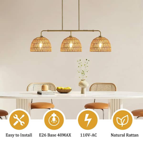 KAISITE 60-Watt 3-Light Vintage Gold Rattan Pendant Light with