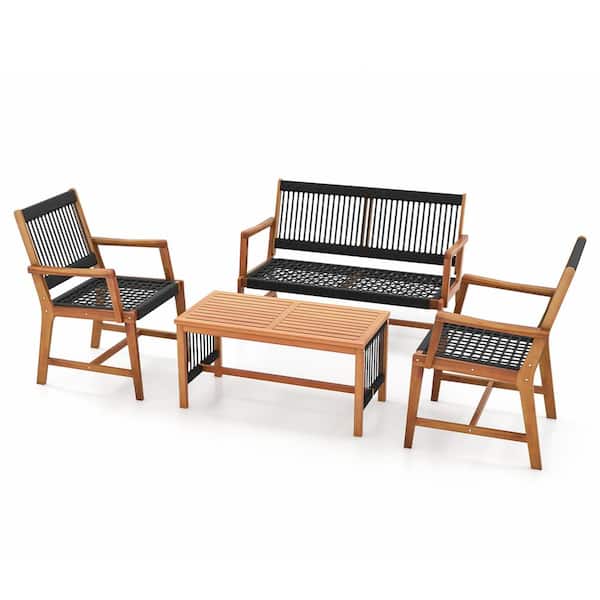 4-Piece Acacia Wood Patio Conversation Table and Chair Set Hand-Woven Rope Outdoor