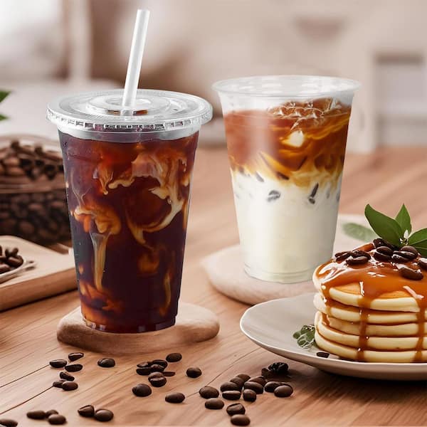 Wudkey 20 oz. Clear Plastic Disposable Iced Coffee Cups with Lids and Straws for Coffee Bar Accessories (Set of 100)