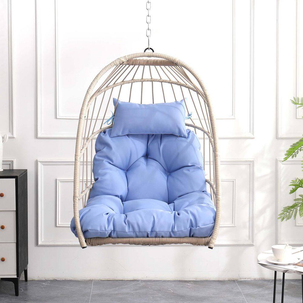 Outdoor Wicker Porch Swing, Hanging Chair with Blue Cushions for Backyard P