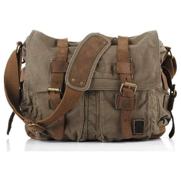 Vintage Military Leather Canvas Messenger Laptop Bag Medium with Flap Closure and Retro Design in Brown