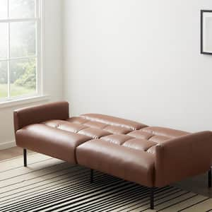 Brown Faux Leather Futon Sofa Bed with Box Tufting