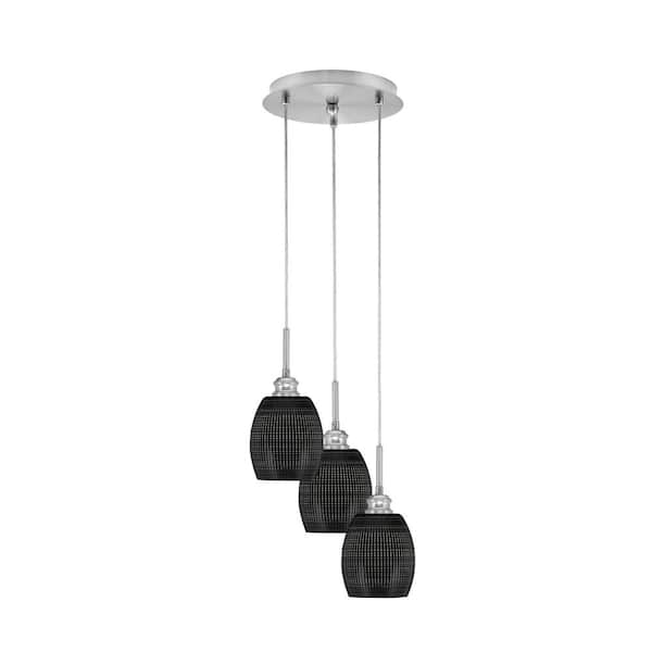 Unbranded Savannah 10 in. 3-Light Brushed Nickel Cord Pendant Light Black Matrix Glass Shade