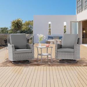 3-Piece Gray Wicker Patio Swivel Rocking Chairs with Side Table Gray Cushion
