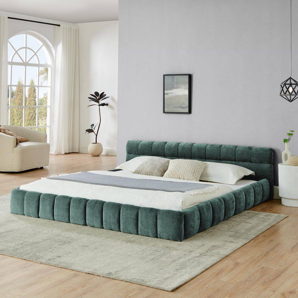 Paxton Blue+Green Wood Frame King Size Platform Bed with Chenille Upholstered Headboard