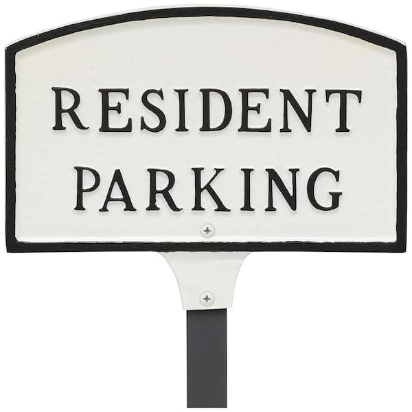 Montague Metal Products 5.5 in. x 9 in. Small Arch Resident Parking Statement Plaque Sign with 23 in. Lawn Stake - White/Black