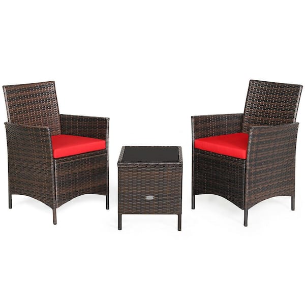 WELLFOR Brown 3-Pieces Wicker Patio Conversation Set with Red Cushions