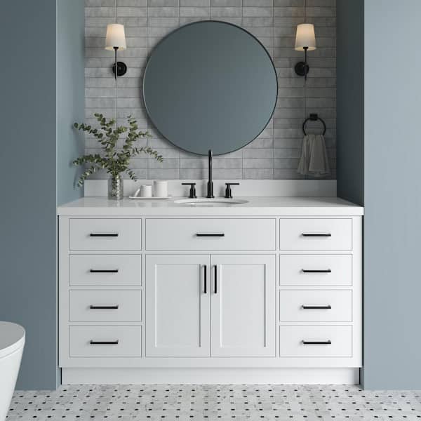 ARIEL Hepburn 61 in. W x 22 in. D x 36 in. H Bath Vanity in White with Pure White Quartz Vanity Top with White Basin