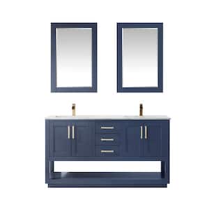 Remi 60 in. Double Bathroom Vanity Set in Royal Blue and Carrara White Marble Countertop with Mirror