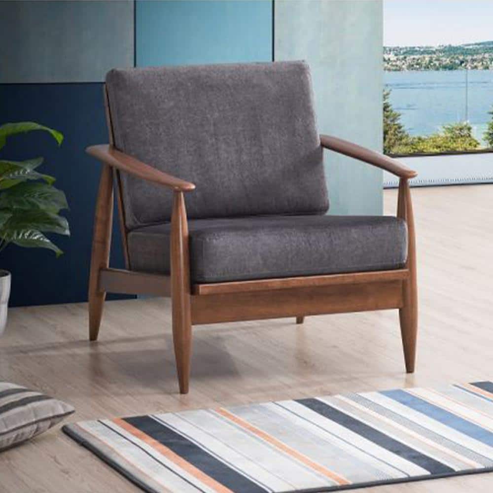 Charcoal Fabric and Brown Wood Mid-Century Modern Accent Chair