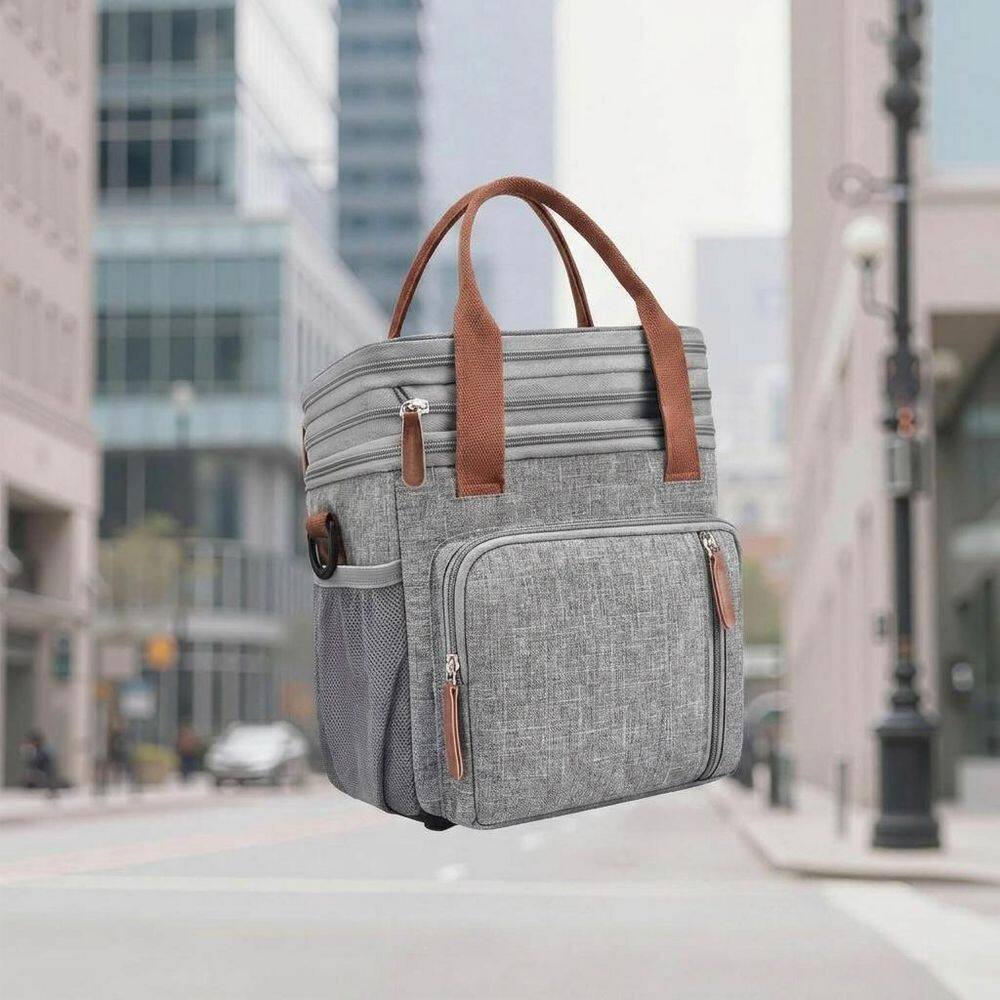 Gray 15L Lunch Bag Double Deck Leakproof Insulated Soft Cooler Bag for Adults Work Beach Picnic Travel Camping