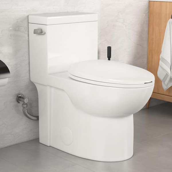 Denbigh 1-Piece 1.28 GPF Siphonic Jet Single Flush Elongated Compact Toilet in Crisp White, Seat Included