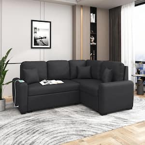 87.4 in. Black Velvet 3-Seater Full Size Sectional Sleeper Sofa Bed with L-Shape Chaise