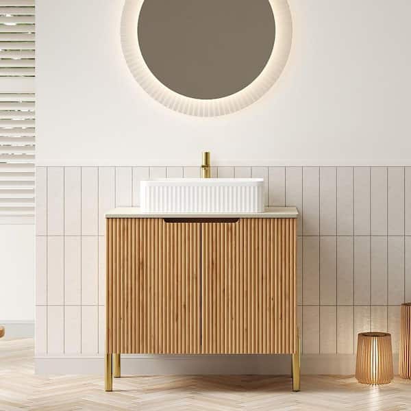 30in.W x18.9in.D x34.76in.H Freestanding Natural Wood Bath Vanity w/ Roma Travertine-Pattern Sintered Stone Counter Top