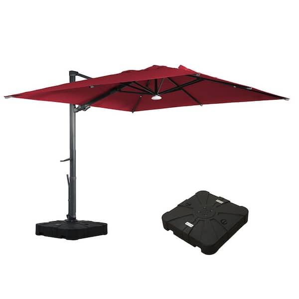 Mondawe 10 ft. Square Aluminum Cantilever Outdoor Tilt Patio Umbrella in Red with Bluetooth LED Light Base Weight Stand
