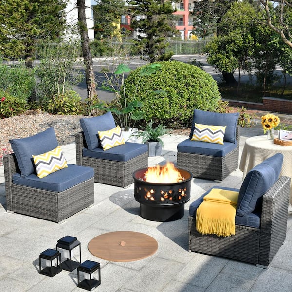 Sanibel Gray 5-Piece Wicker Outdoor Patio Conversation Sofa Set with a Wood-Burning Fire Pit and Denim Blue Cushions