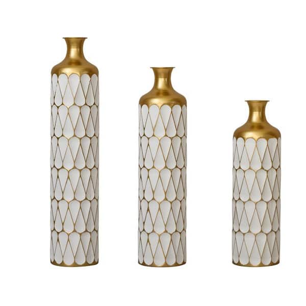 Avex 23/27/32 in. H Gold White Metal Cylinder Decorative Vase Set (3-Pieces)