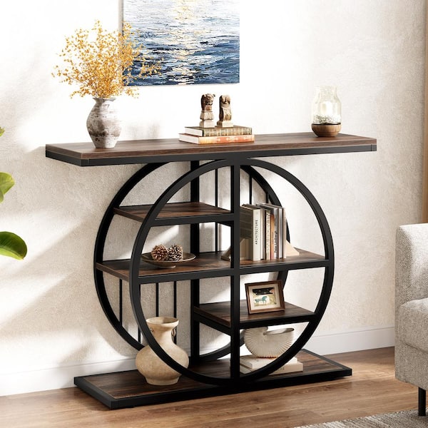 Turrella 39.3 in. Brown Rectangle Engineered Wood Console Table with Circle Base
