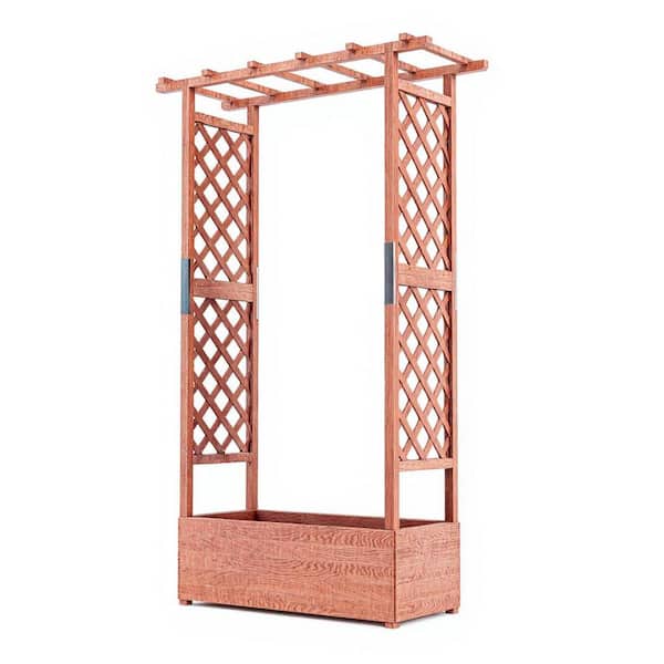 Garvee 43.3 in. x 17.3 in. x 71.6 in. Wooden Raised Garden Bed with Trellis and Hanging Roof in Brown for Climbing Plants