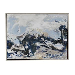 Gray, White, Blue and Gold Wooden Framed Cerulean Seas Design Handpainted Wall Art