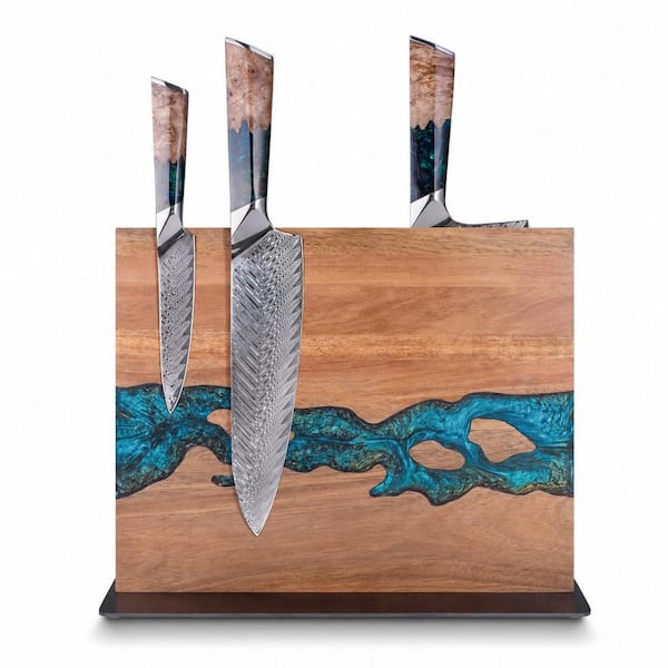 Acacia Double Sided Magnetic Knife Block, Wood and Blue Resin, Powerful Magnet Kitchen Storage, 12 x 10 in.