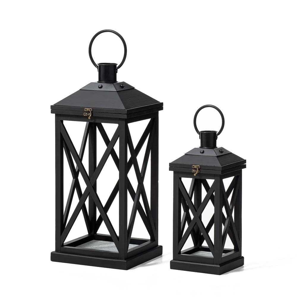 Distressed Black Wood and Metal Floor Candle Lanterns Set