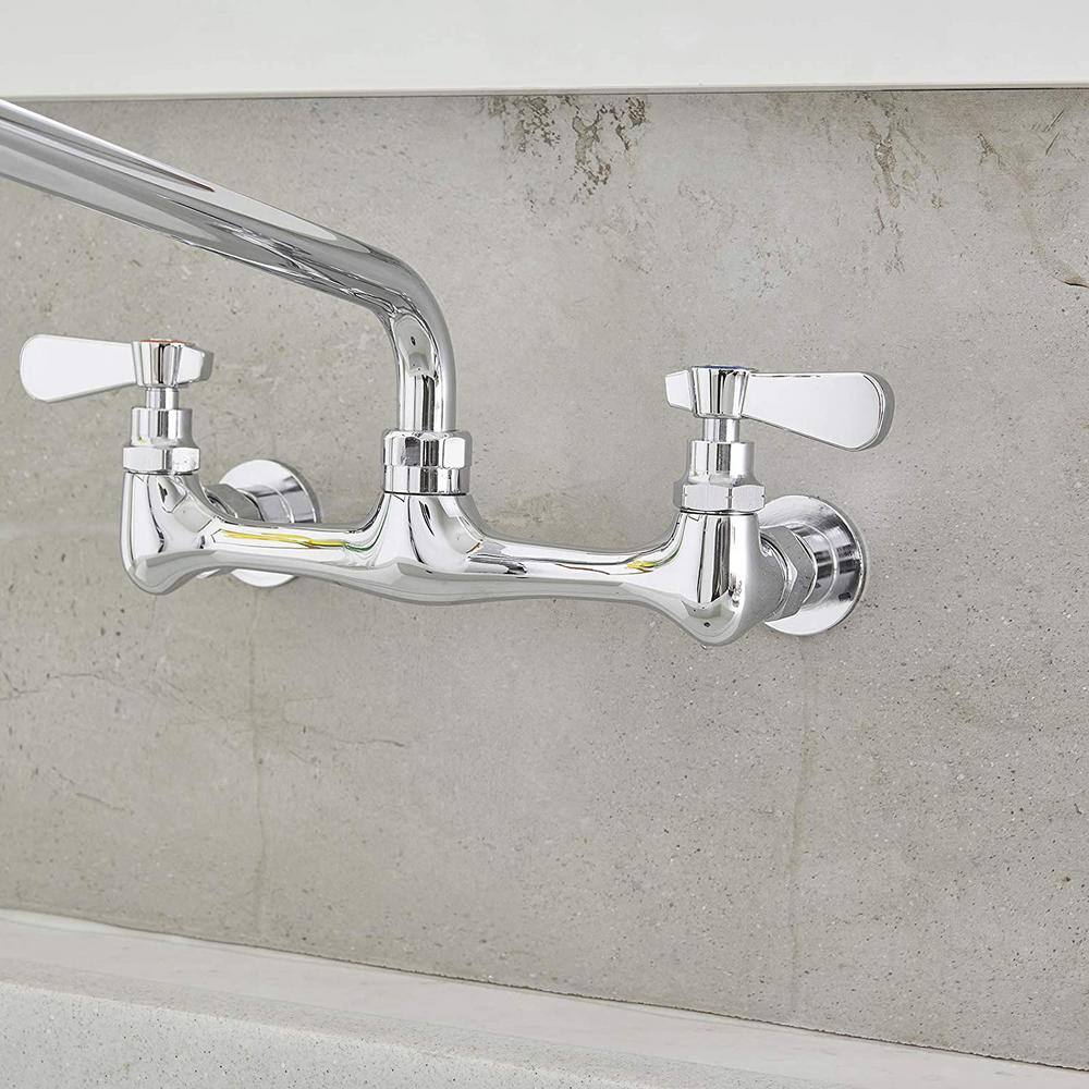Polished Chrome Double Handle Wall Mount Kitchen Faucet with 12 Inch Swivel Spout