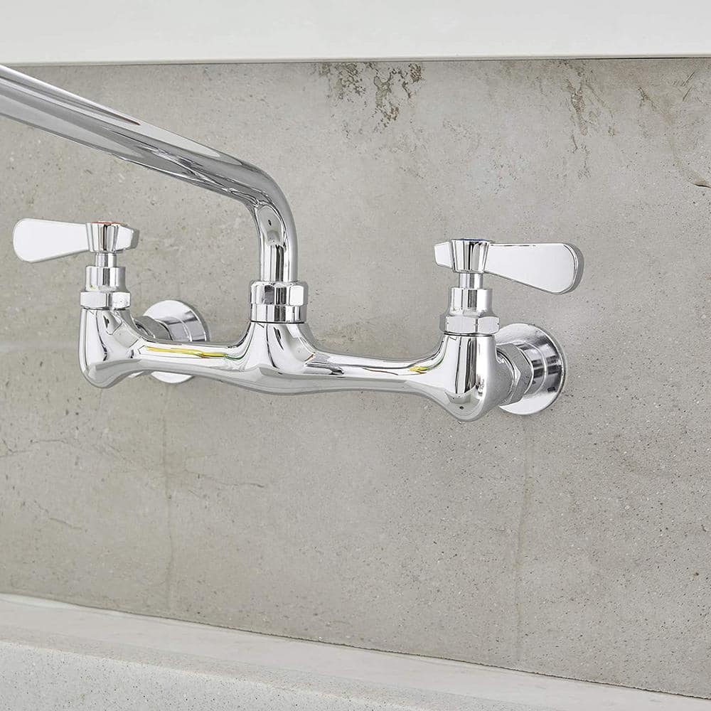 Polished Chrome Wall-Mount 2-Handle Low-Arc Kitchen Faucet
