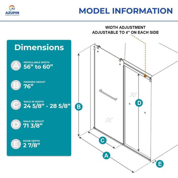 AZUPIN Sola Jr 56-60 in. W x 76 in. H Double Sliding Frameless