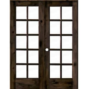 56 in. x 80 in. Knotty Alder Right-Handed 10-Lite Clear Glass Black Stain Wood Double Prehung French Door