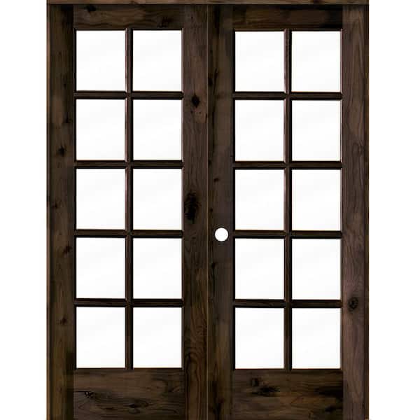 60 in. x 80 in. Knotty Alder Left-Handed 10-Lite Clear Glass Black Stain Wood Double Prehung French Door