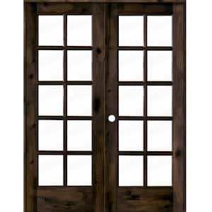 60 in. x 80 in. Knotty Alder Right-Handed 10-Lite Clear Glass Black Stain Wood Double Prehung French Door