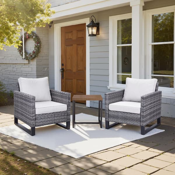 Gray 3-Piece Wicker Patio Conversation Set, Outdoor Lounge Chairs with Side Table and Beige Cushions
