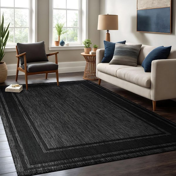 Essence Black/Gray 5 x 7 ft. Bordered Easy to Clean Indoor Outdoor Area Rug