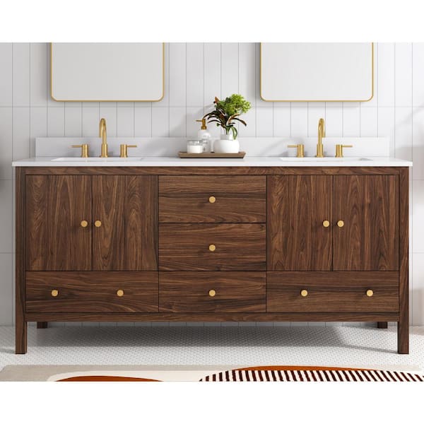 Glacier Bay Rory 72 in W x 20 in D x 35 in H Double Sink Bath Vanity in Walnut With White Engineered Marble Stone Vanity Top