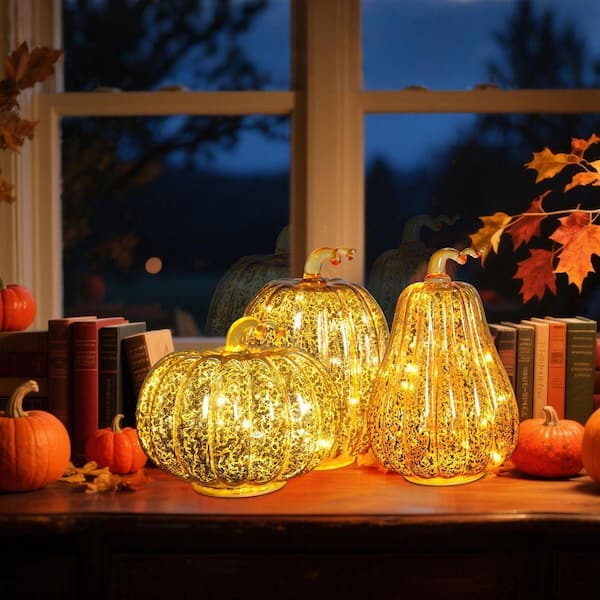 2025 Halloween Light Up Pumpkin – Starry Night Twinkle LED Glass Pumpkin Decor, Timer Function, Battery Operated (Yellow, 6x7 Inch)
