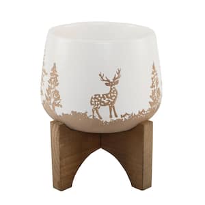 6.75 in. White Ceramic Christmas Trees and Deer Textured Planter on Wood Stand