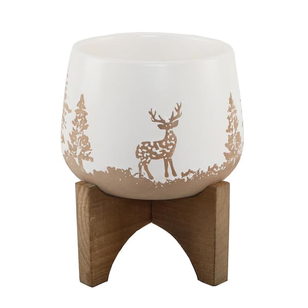 Flora Bunda 6.75 in. White Ceramic Christmas Trees and Deer Textured Planter on Wood Stand