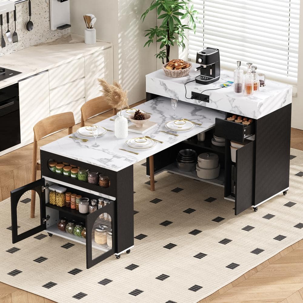 White Extra-Long Folding Wood Tabletop 74 in. Kitchen Island with Power Outlet, Wheels price history on PriceWatchPro
