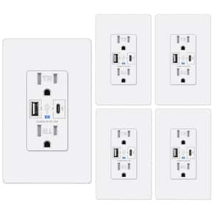 15A Tamper-Resistant Receptacle Outlet with USB-C and USB-A Port Quick Charging, Screwless Wallplate in White (5-Pack)