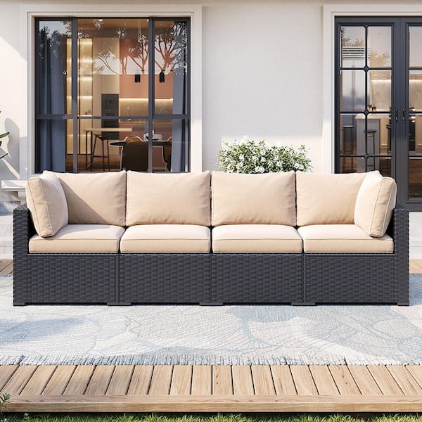 Black 4-Piece Wicker Rattan Patio Conversation Outdoor Sectional Set with Beige Cushions