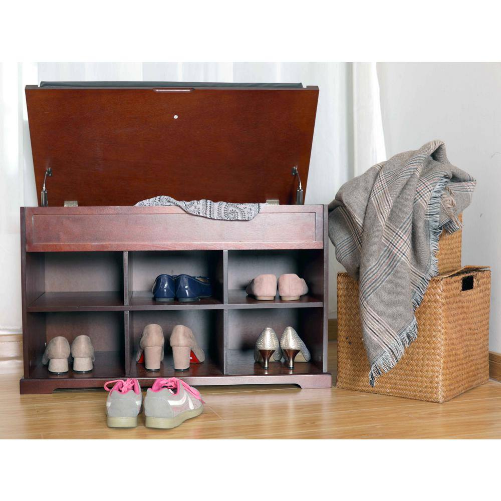 Mahogany Shoe Storage Bench with Black Cushion and Cubbies