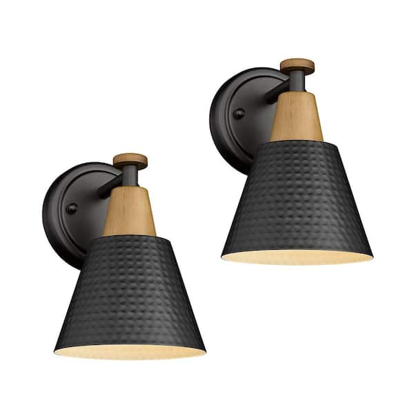 JAZAVA Modern 5.9 in. 1-Light Wall Sconces Black Bathroom Light Fixtures Vanity Light with Hammered Metal Shade (2-Pack)