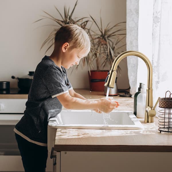 Single Handle Deck Mount Gooseneck Pull Down Sprayer Kitchen Faucet with Deckplate Included in Brushed Gold